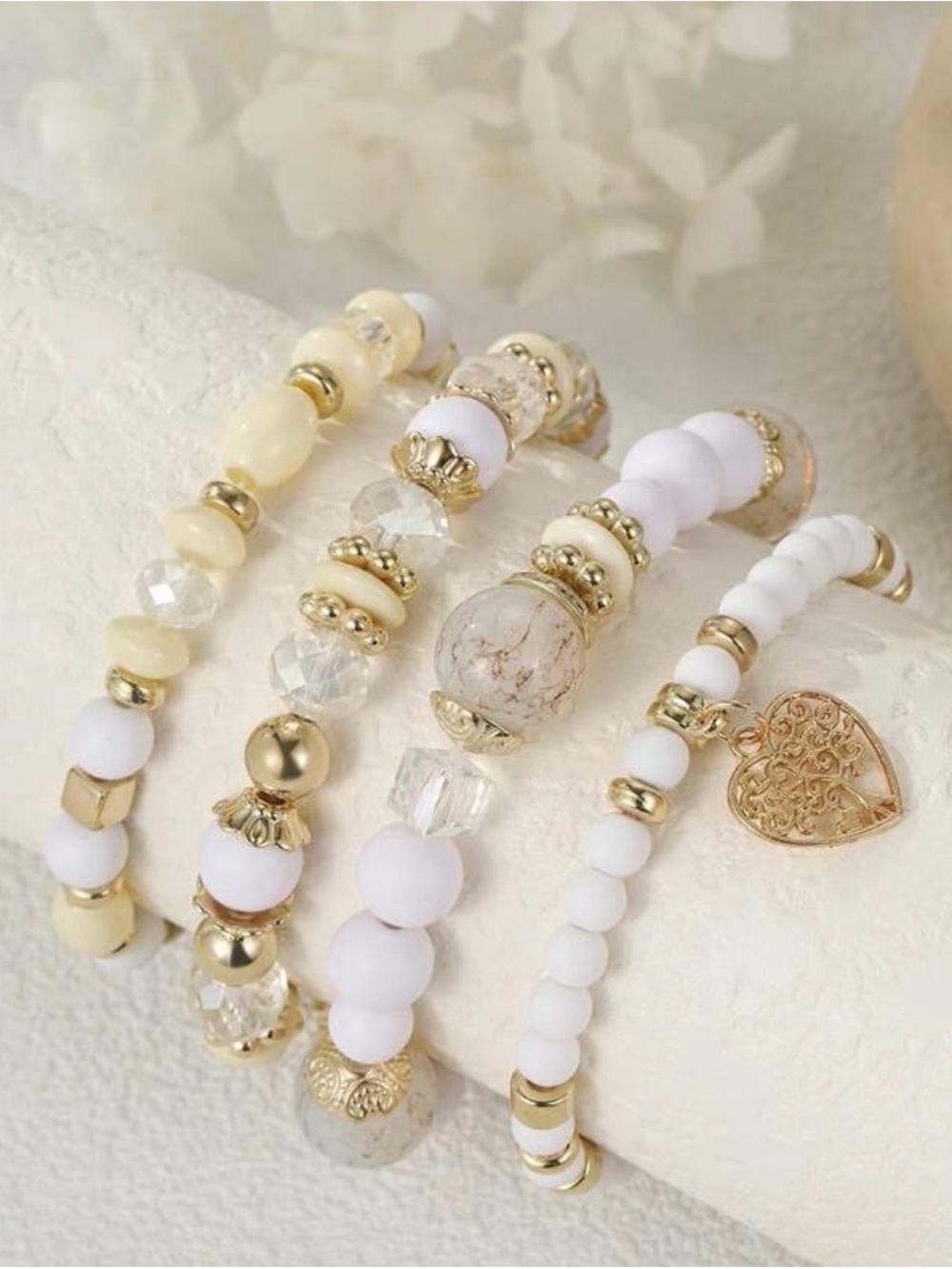 Gold and White Beaded Heart Charm Bracelet Set - Picture 3 of 3